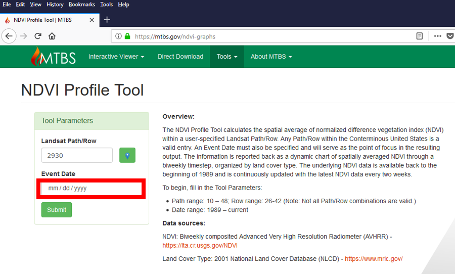 Figure 4. Screenshot of the NDVI Tool Date Entry