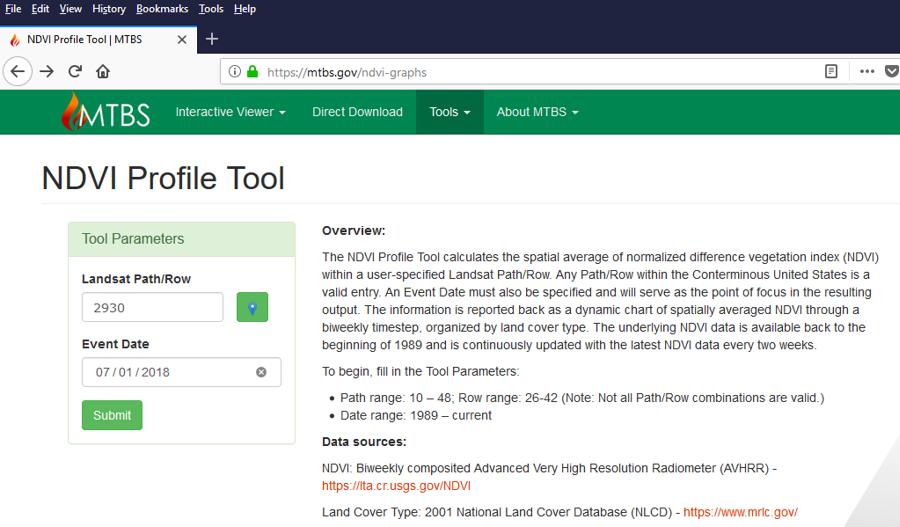 Figure 6. Screenshot of the NDVI Tool Date Entry